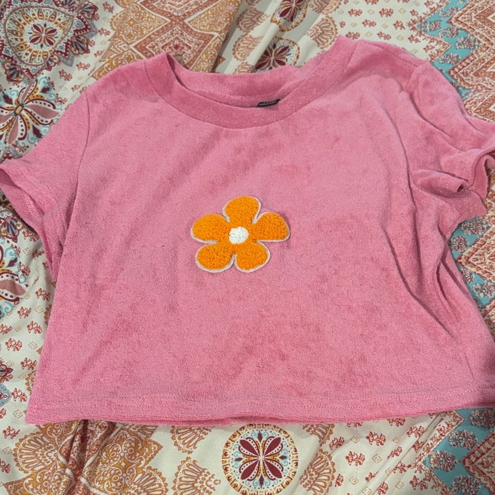 SHEIN Pink Tee with Orange Flower Patch
